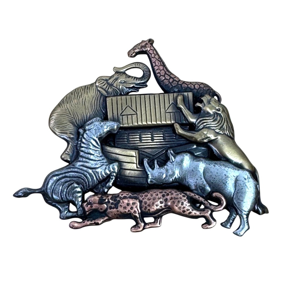 Vintage K&T Noahs Ark Mixed Metal Animal Brooch Pin Silver Gold Copper Tone